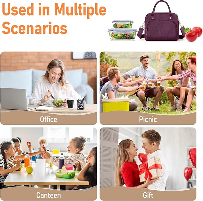 Lunch Bag Large Insulated Lunch Box for Women Men Adult Cute Purple Lunchbox Corduroy Lunch Bags Boxes Pail with Adjustable Shoulder Strap for Work Mom Picnic Office Travel 11.4×6.8×9.1 inches 11.5L
