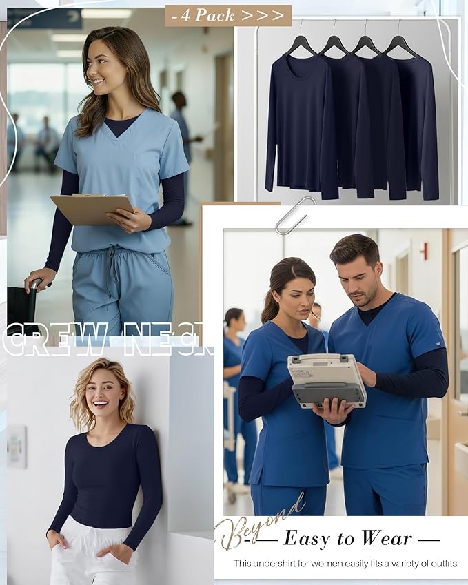 4 Pack Women's Underscrub Shirts Nurse Undershirts Long Sleeve Crewneck Slim Fit Tops Soft Stretchy Basic Tee