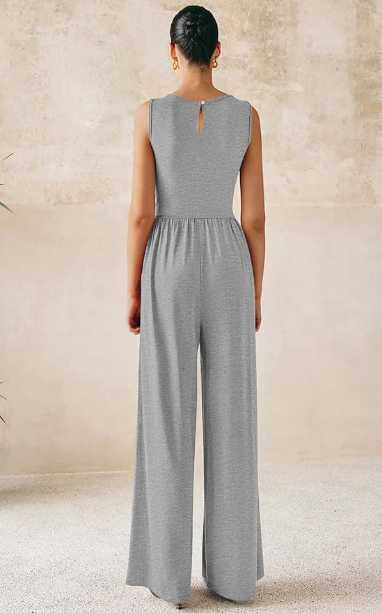PRETTYGARDEN One Piece Jumpsuits for Women Dressy Casual Sleeveless Crewneck Wide Leg Rompers Jumpers Vacation Summer Outfits