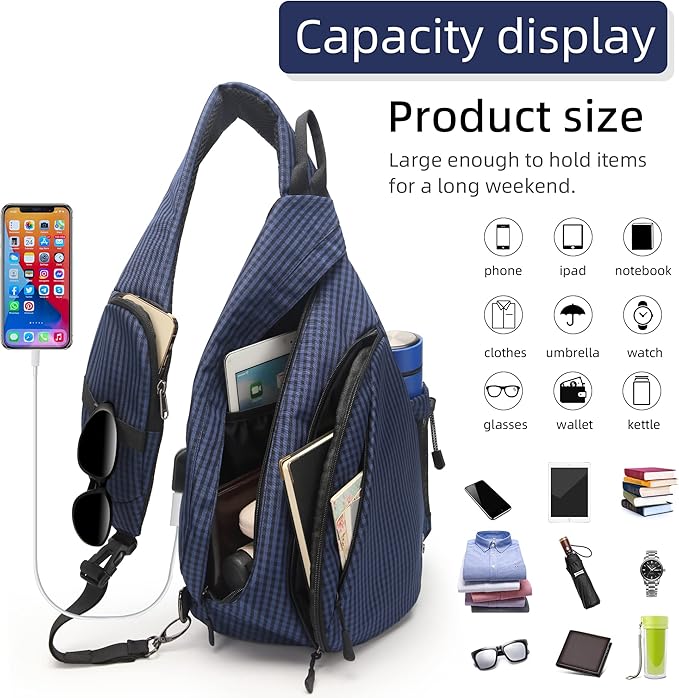 TurnWay Water-Proof Sling bag/Crossbody Backpack/Shoulder Bag with USB Charging Port for Travel, Hiking, Cycling, Camping