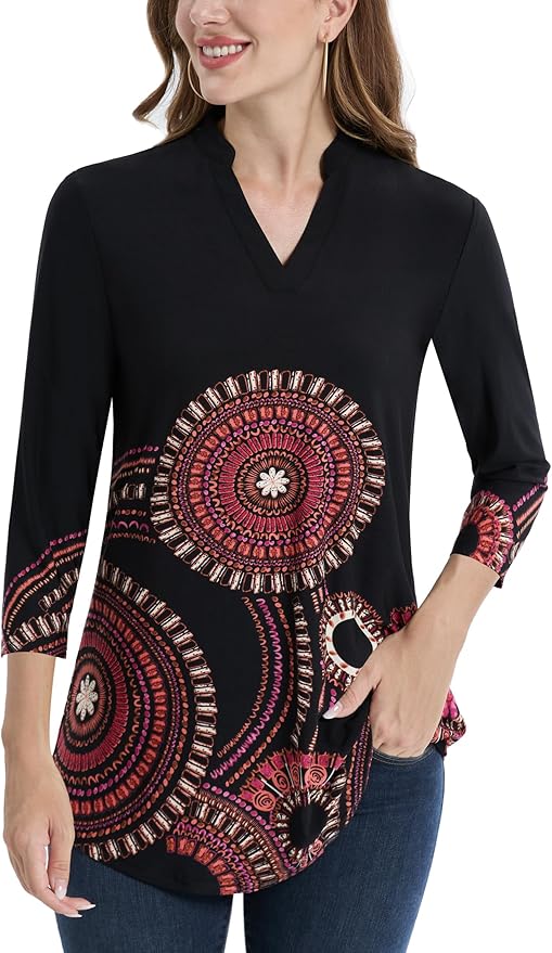 BAISHENGGT 3/4 Sleeve Tops for Women Notch V Neck Floral Work Blouses Dressy Casual Loose Fit Going Out Tunic Tops