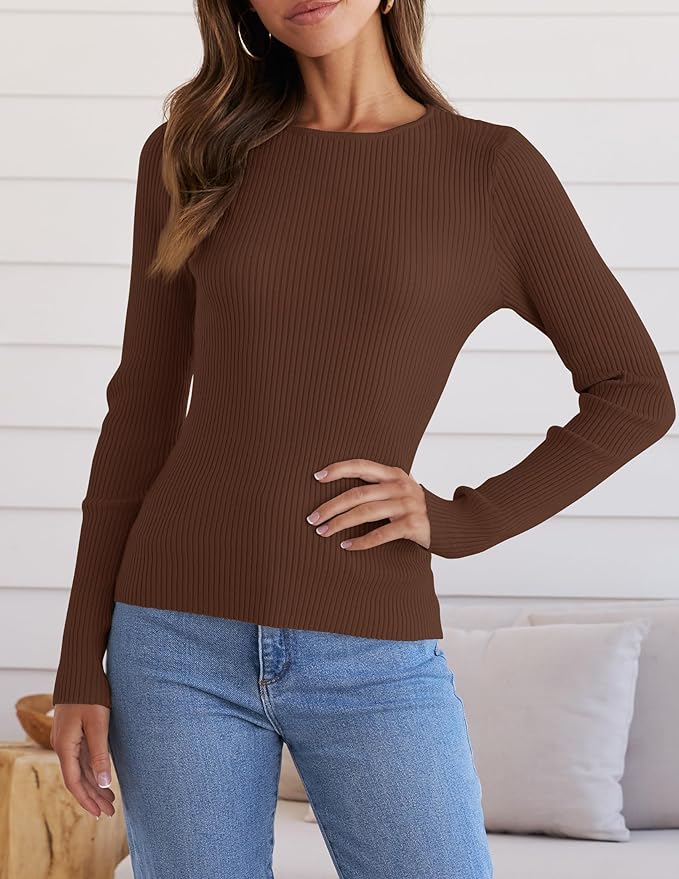 ZESICA Women's Long Sleeve Crewneck Shirts 2026 Fall Ribbed Knit Sweater Slim Fitted Casual Basic Tee Tops