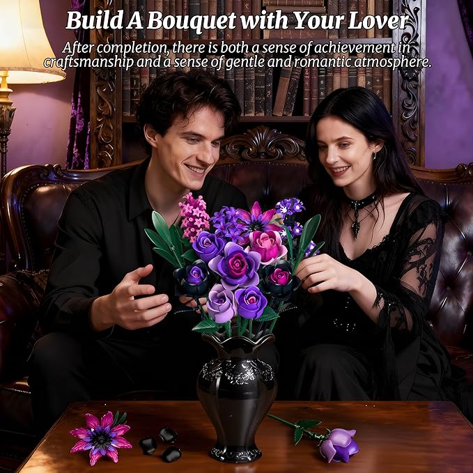 Teefrye Purple Rose Bouquet Building Set: Compatible with Lego Flowers for Adults Women Gothic Artificial Botanical Collection Halloween Christmas Valentine's Gifts Home Decor