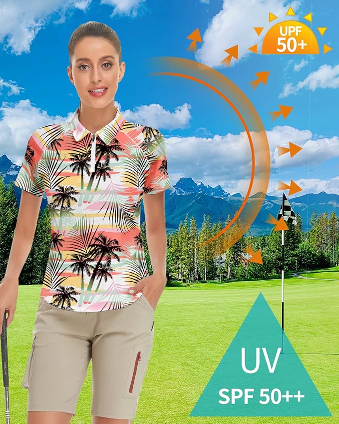 Women's Golf Shirt Short Sleeve Tennis Shirt Quarter Zip Golf Pullover Golf Polo Shirts Argyle Tops
