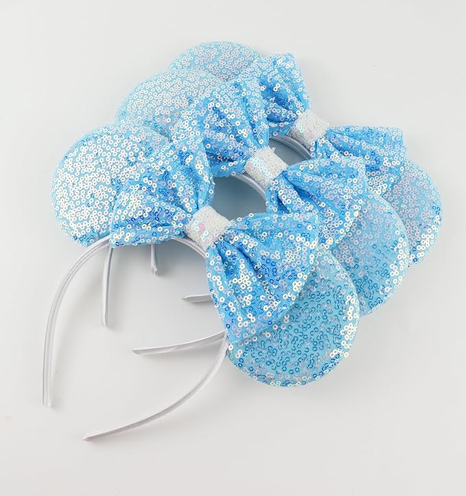 LIHELEI Mouse Ears Headband for Princess, Blue Cinderella Elsa Headbands for Halloween Costume, Sequin Bows Headwear Hair Accessories for Women -Light Blue