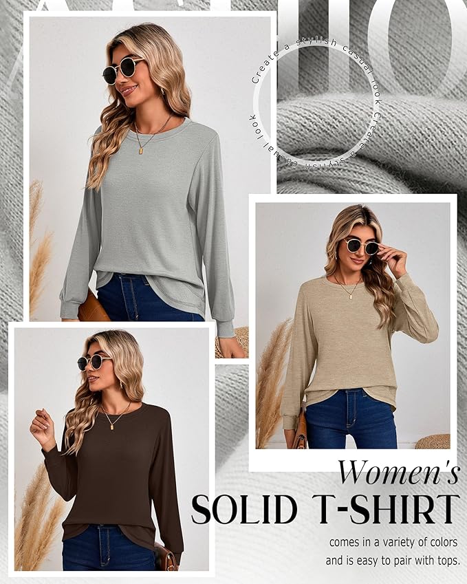 Ficerd 3 Pack Women's Long Sleeve Shirts, Cotton Crew Neck Tunic Tops Casual Loose Fit Pullover Sweatshirts Curved Hem Shirts