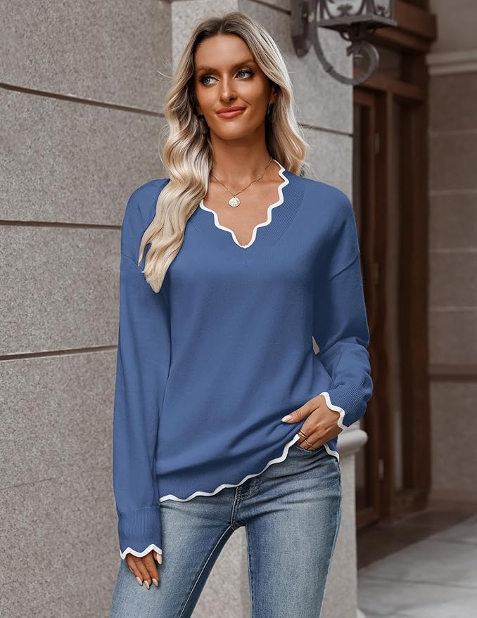 Zeagoo Women's 2026 Fall V Neck Sweater Casual Long Sleeve Lightweight Ribbed Knit Pullover Sweaters Dressy Casual Tops