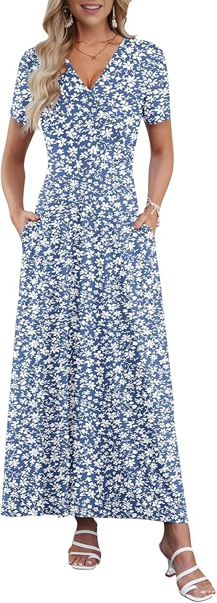 AUSELILY Maxi Dresses for Women Ankle Length Floral Print Beach Long Flowy Dress with Pockets