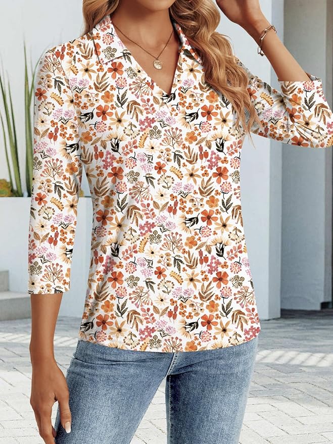3/4 Length Sleeve Womens Tops Dressy Casual V Neck Polo Shirts Business Work Blouses 2025 Trendy Tunic Top