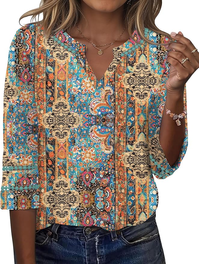 Ivicoer 3/4 Length Sleeve Womens Tops V Neck Lace Embroidered Summer Blouses Loose Fit Tunic Dressy Casual