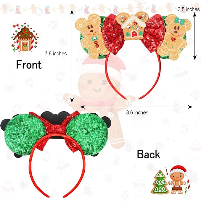 ETLUK Christmas Mouse Ears Headband for Women, Sequin Christmas Ears Headband for Party Cosplay Costumes Accessories（Green Gingerbread）
