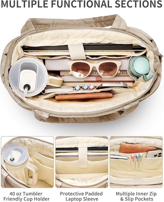 Puffer Tote Bag for Women, Lightweight Puffy Work Handbag Teacher Nurse Quilted Shoulder Bag for School Travel Gym | Quilted, with Zipper, Daily Carry On Bags, Comfy College Bags, 15.6" Laptop Sleeve, Cup Holder Pocket, Portable, Spacious