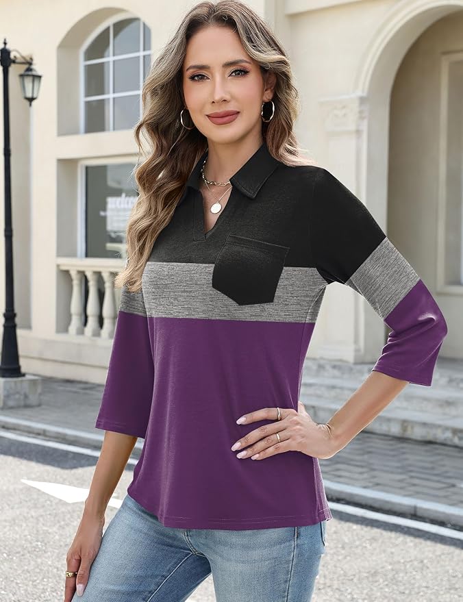 AKEWEI Womens 3/4 Length Sleeve Tops V Neck Casual Basic Tees Work Polo Shirts Collared Summer Top with Front Pocket