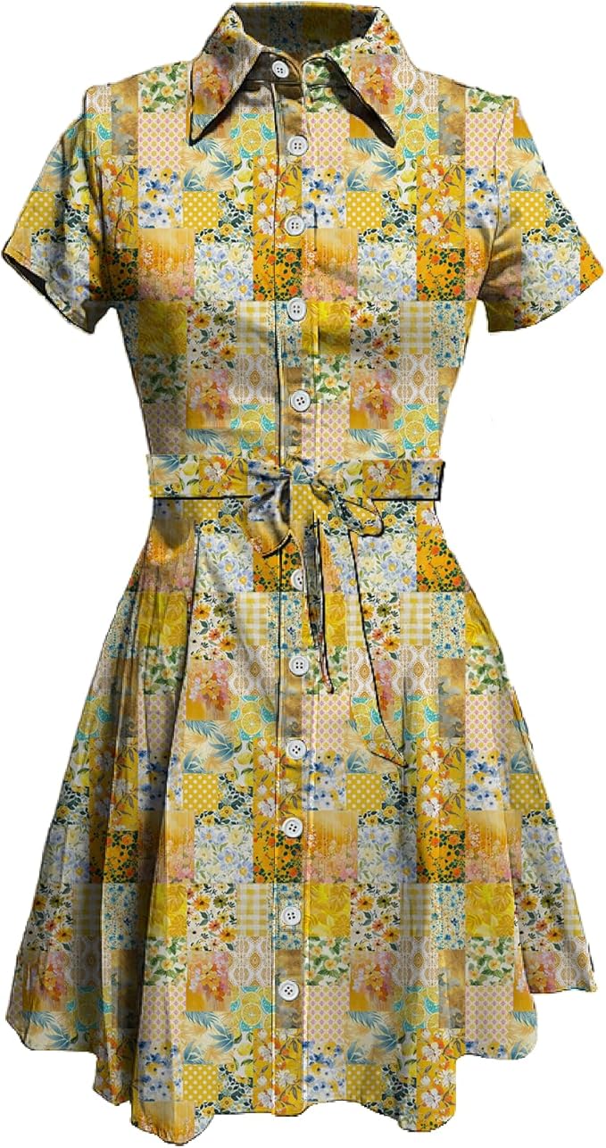 MARSVOVO Cute T Shirt Dress for Women Short Sleeve Button Up Tie Waist Elegant Casual Collared Smocked Midi Dress