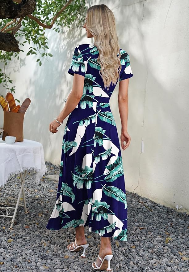 AUSELILY Maxi Dresses for Women Ankle Length Floral Print Beach Long Flowy Dress with Pockets