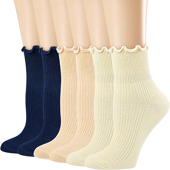 Mcool Mary Womens Crew Socks Ruffle Casual Cotton Frilly Breathable Cute Knit Lettuce Trim Dress Ankle Socks 6 Pack