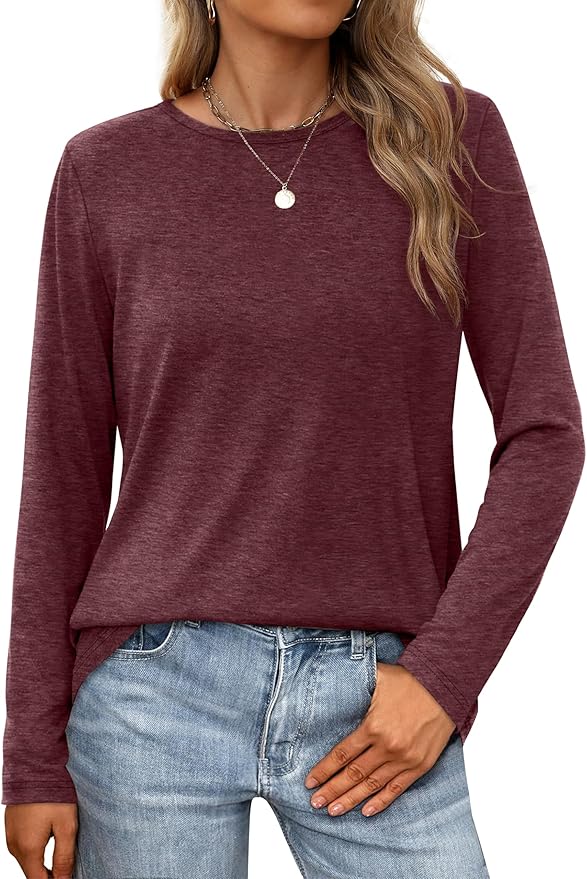 XIEERDUO Long Sleeve Shirts for Women Casual Crew Neck Basic Fall Tops Loose Fit Comfy