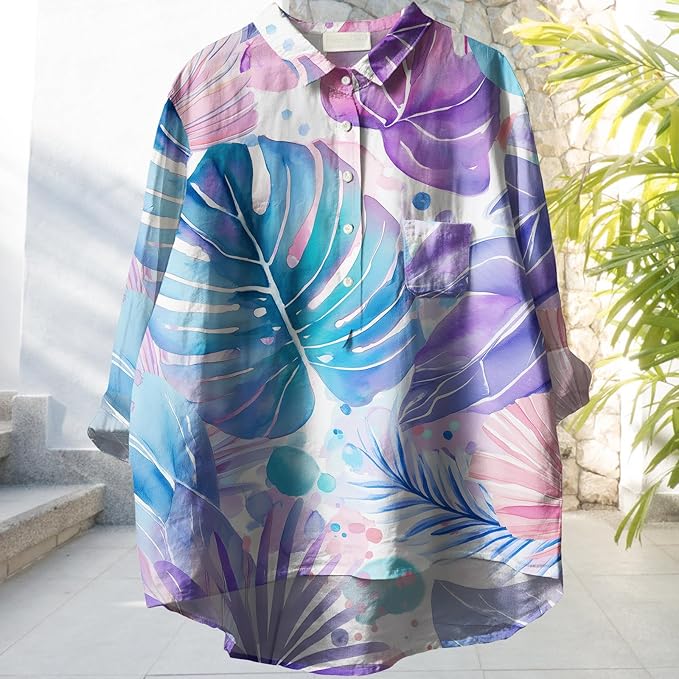 Womens Boho Tops 3/4 Long Sleeve Floral Blouses Hawaii Beach Button Down Shirts V Neck Pullover Casual Tunics