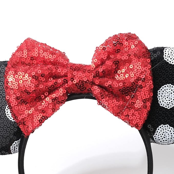 Foeran Mouse Ears Headbands Shiny Bows Mouse Ears Glitter Party Princess Decoration Cosplay Costume for Girls Women (white polka dot red)