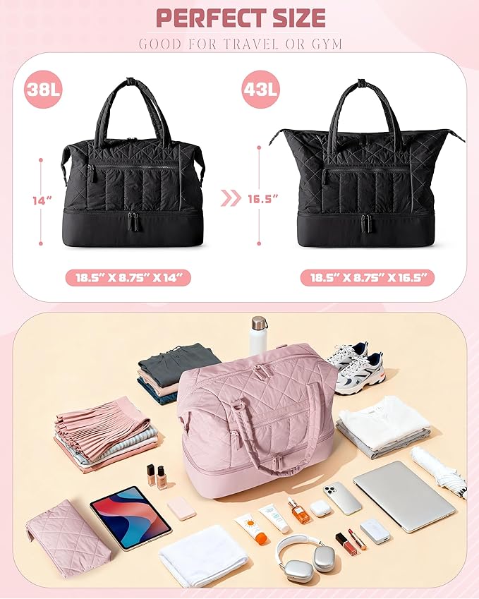 Quilted Duffle Bag with Shoe Compartment and Wet Pocket, Weekender Duffel Bag With Laptop Sleeve and a Separate Pouch for Travel, Gym, Hospital Labor Delivery, Black