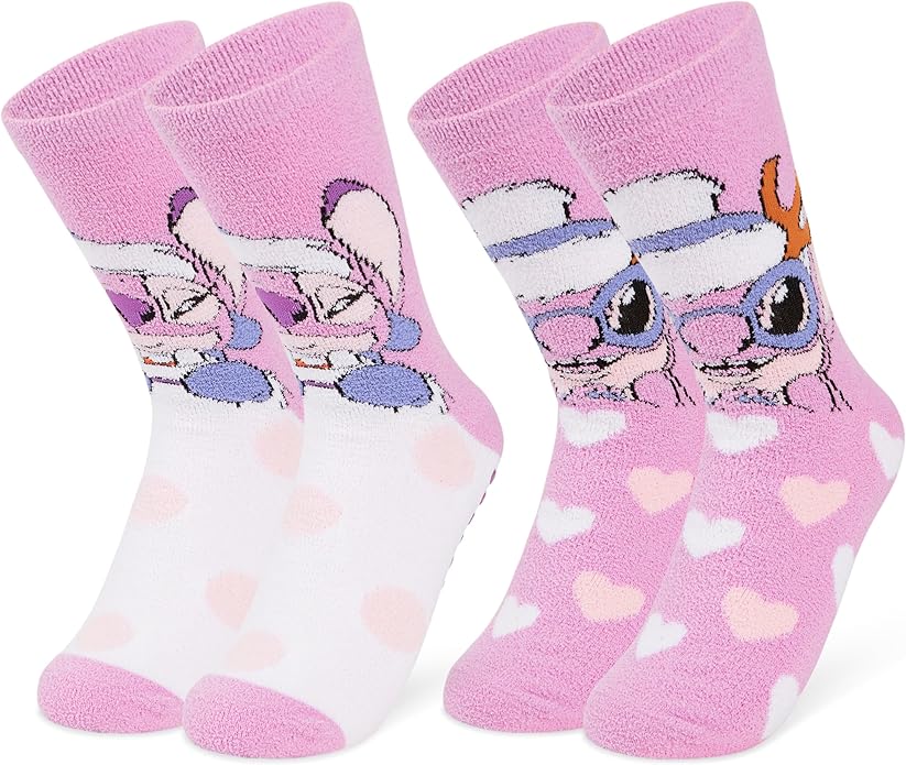 Disney Slippers Socks for Women & Teens US Size 4-9, Pack of 2 Non Slip Fleece Winter Socks, Soft & Fluffy, Gifts for Her