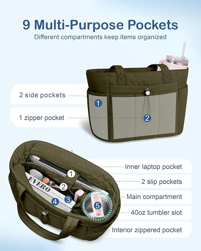 TOPDesign Puffy Tote Bag for Women with Cup Holder & Laptop Compartment & Cosmetic Bag & Trolley Sleeve for Work, Travel