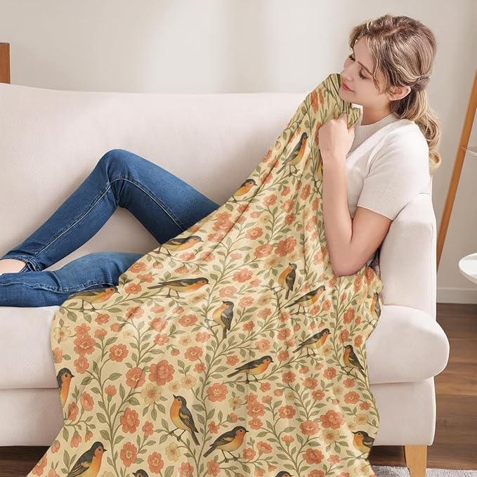 Bird Gifts, Songbird Theme Flannel Blanket for Women, Orange Bird and Floral Spring Birthday Throw Blankets for Kids, Girls, Travel Camping Sofa Living Room Decor 40x50 in