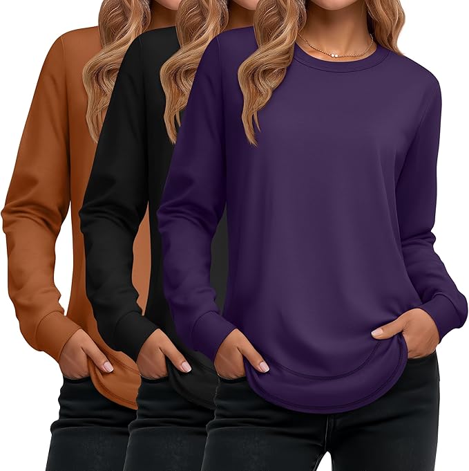 Ficerd 3 Pack Women's Long Sleeve Shirts, Cotton Crew Neck Tunic Tops Casual Loose Fit Pullover Sweatshirts Curved Hem Shirts