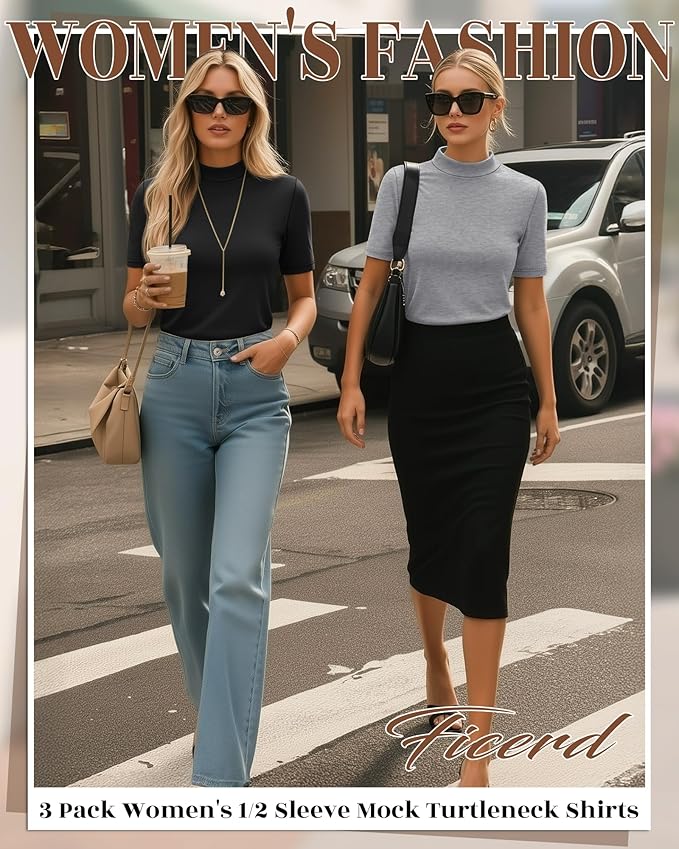 Ficerd 3 Pack Women's 1/2 Sleeve Mock Turtleneck Shirts, Elbow Length Shirt Half Sleeve Tunic Top Casual Summer Basic Tees