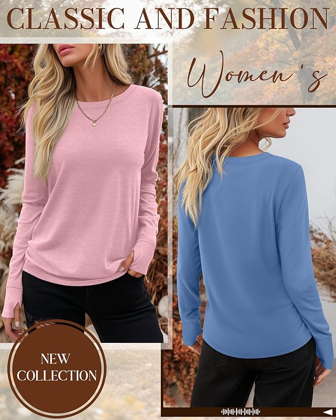 Huukeay 3 Pack Women's Long Sleeve Shirts with Thumb Holes, Cotton Casual Crew Neck Tunic Tops Fall Loose Y2k Trendy Outfits