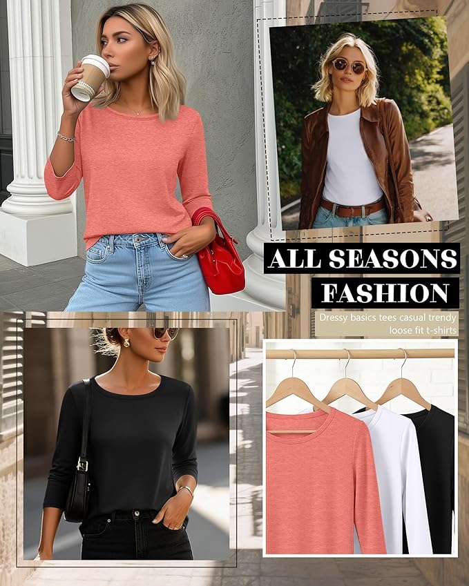 Ficerd 3 Pack 3/4 Sleeve Tops for Women Round Neck Dressy Basics Tees Casual Trendy Loose Fit T Shirts
