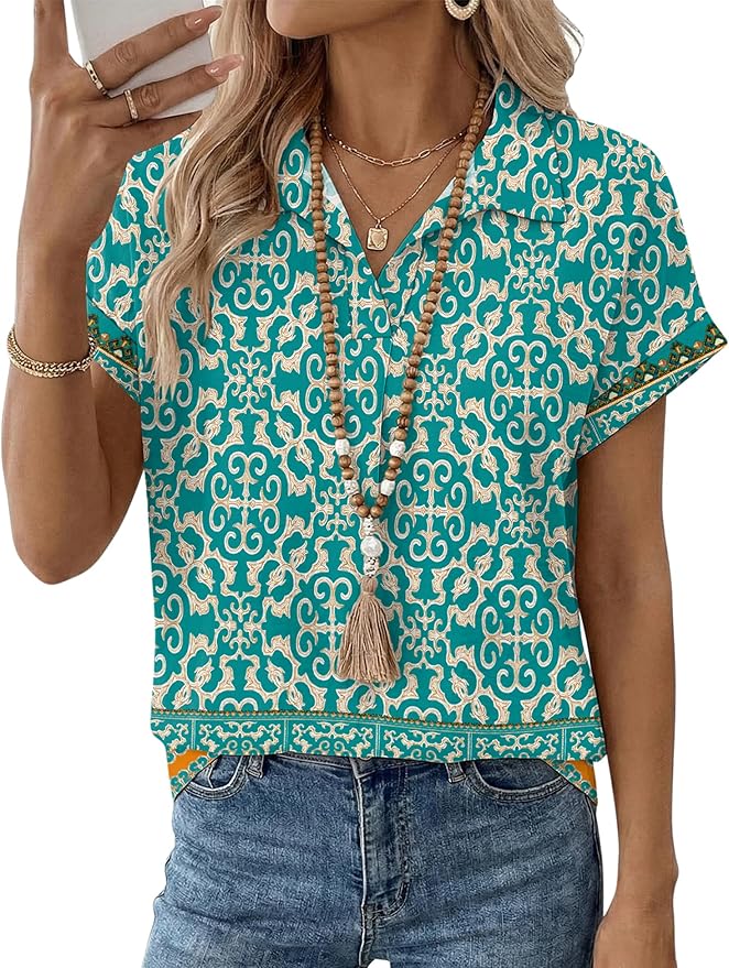 LOMON Women Blouses Spring Summer Tops for Women 2026 Short Sleeve V Neck Dressy Casual Collared Shirts Work Office