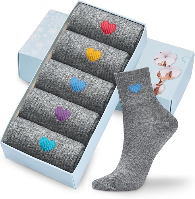 Corlap Women's Cute Cotton Crew Athletic Running Socks - Ankle High, Novelty Fun Heart Design 5-Pairs (Gift Box)