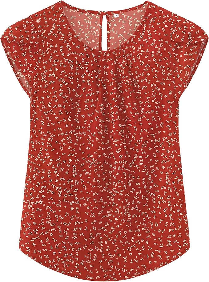 TASAMO Women's Casual Round Neck Basic Pleated Top Cap Sleeve Curved Keyhole Back Chiffon Blouse