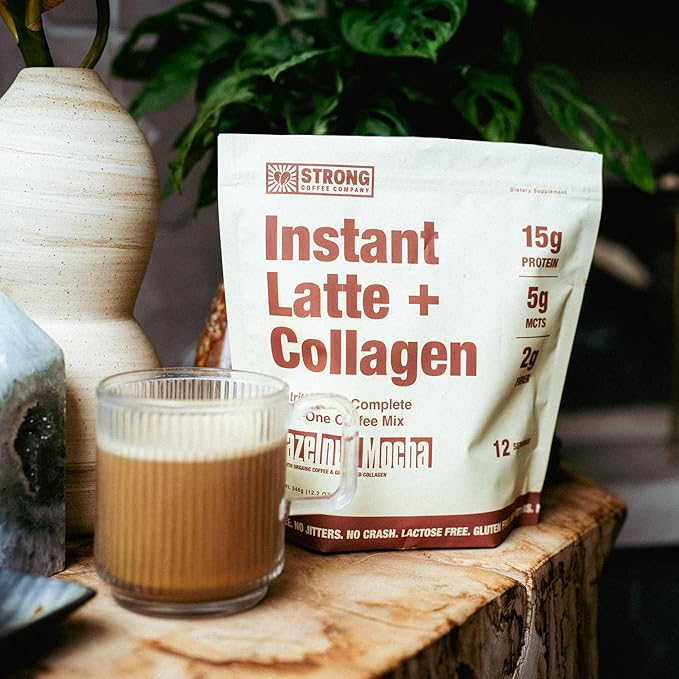 Strong Coffee Co. Hazelnut Instant Latte | Organic Coffee with 15g Collagen Protein | Lion’s Mane & L-Theanine | Nootropic Instant Coffee | 12 Servings