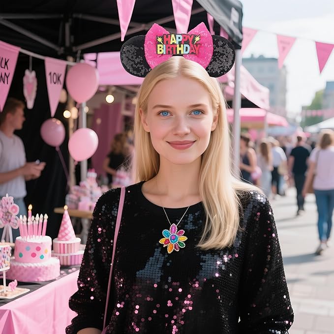 bianbaistar Mouse Ears Headband for Women, Girls & Boys - Velvet Hair Bow Headwear with Sparkle Sequins & Big Ears - Black, Pink - Trip Essentials