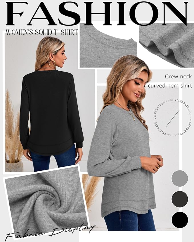 Ficerd 3 Pack Women's Long Sleeve Shirts, Cotton Crew Neck Tunic Tops Casual Loose Fit Pullover Sweatshirts Curved Hem Shirts
