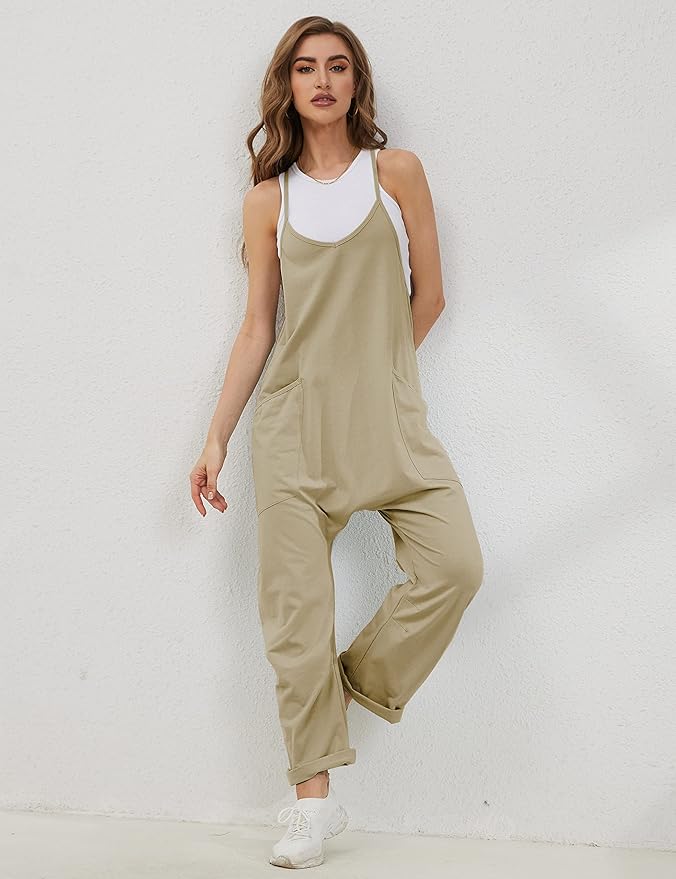 Lentta Women's Causal Jumpsuits V Neck Sleeveless Harem Overalls Stretchy Adjustable Strap Romper with Pockets