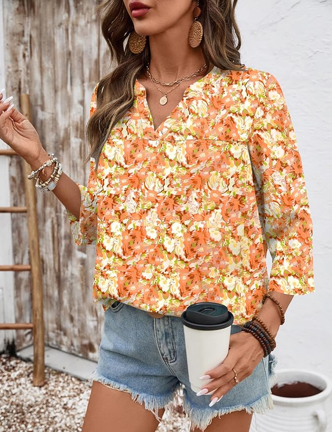 Rapbin Womens 3/4 Sleeve V Neck Floral Print Pleated Blouses for Women Dressy Casual Loose Fit Tops