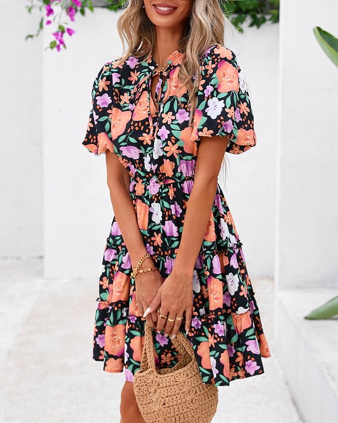 BTFBM Women Summer Floral Short Dresses V Neck Short Sleeve Tiered Ruffle Boho Swing Dress A-Line Mini Dresses