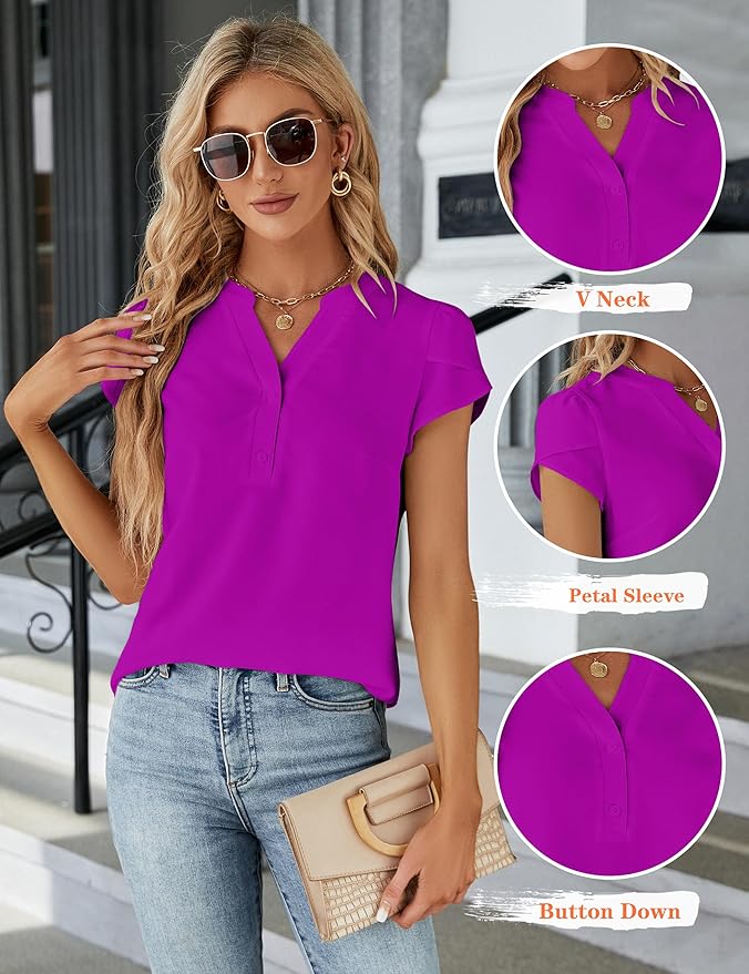 Blooming Jelly Women's Dressy Casual Tops Business Work Blouses White Button Down Shirts Cap Sleeve V Neck Tshirt