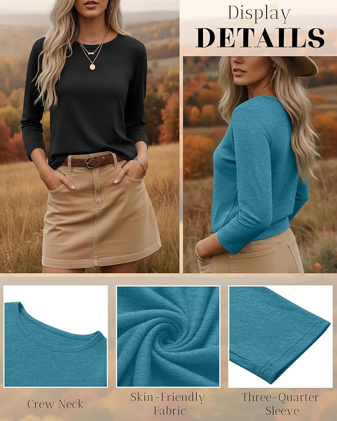 Ficerd 3 Pack 3/4 Sleeve Tops for Women Round Neck Dressy Basics Tees Casual Trendy Loose Fit T Shirts