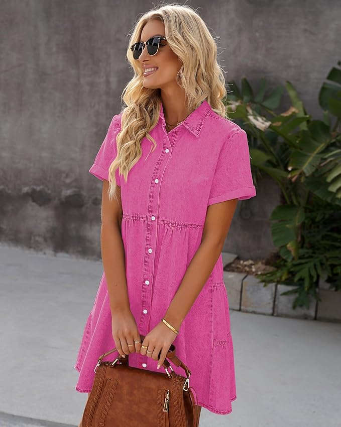 LookbookStore Women's Short Sleeve Button Down Flowy Tiered Babydoll Denim Dress