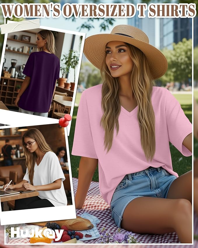 Huukeay Women's Cotton Oversized T Shirts 3 Pack V Neck Loose Fit Half Sleeve Tops Baggy Casual Summer Gym Workout Tees 2026