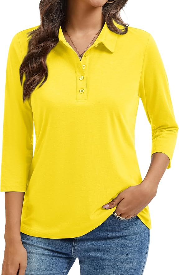 YUCOLEN Polo Shirts for Women 3/4 Sleeve Tops Golf Tees 5-Button Collared Cotton Shirt Business Casual