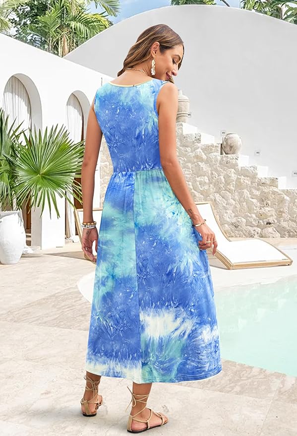 WNEEDU Women's Summer Maxi Dress 2026 Casual Sleeveless Hawaiian Sundress Tropical Long Dress Beach Vacation Outfit