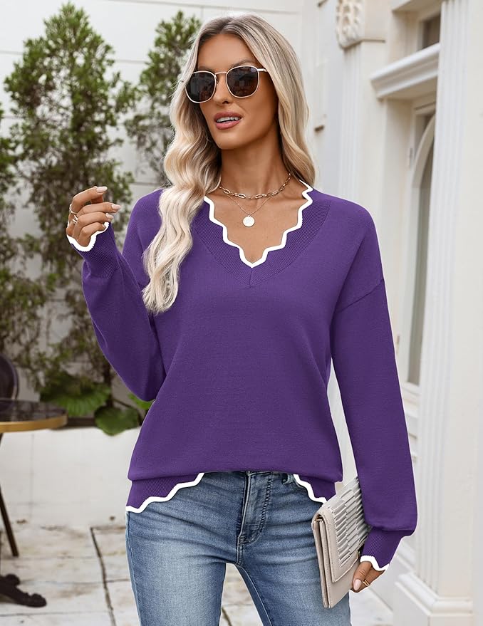 Zeagoo Women's 2026 Fall V Neck Sweater Casual Long Sleeve Lightweight Ribbed Knit Pullover Sweaters Dressy Casual Tops