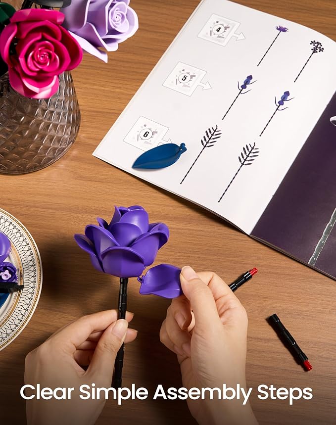 iATOM Flower Bouquet Building Set, Purple Roses Botanical Collection Kits for Adults Women, Gift for Valentine's Day for Her/Mom/Girlfriend/Wife/Couple, Gothic Modern Home Room Office Table Decor
