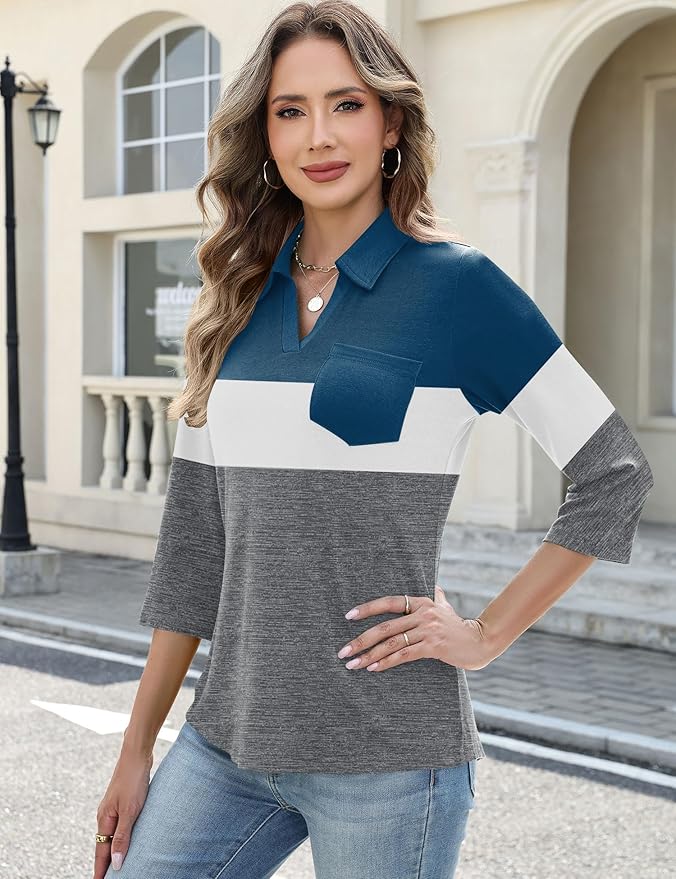 AKEWEI Womens 3/4 Length Sleeve Tops V Neck Casual Basic Tees Work Polo Shirts Collared Summer Top with Front Pocket