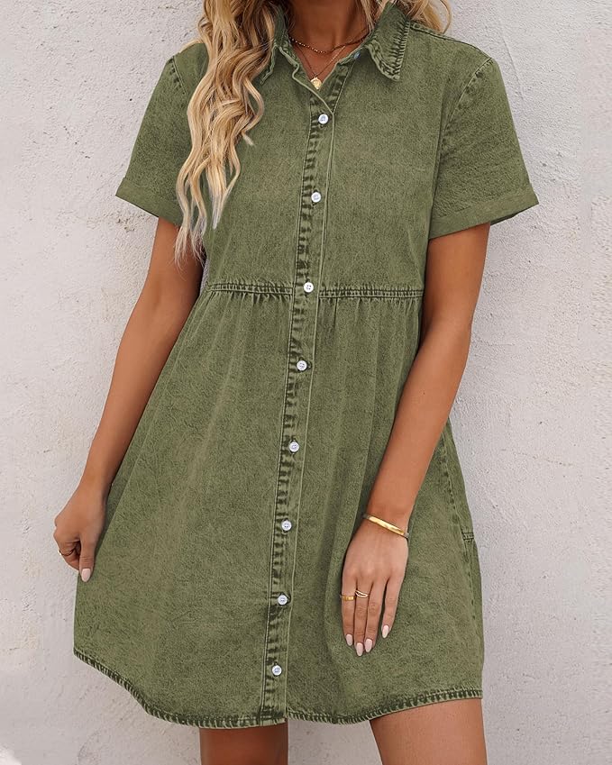 LookbookStore Women's Short Sleeve Button Down Flowy Tiered Babydoll Denim Dress